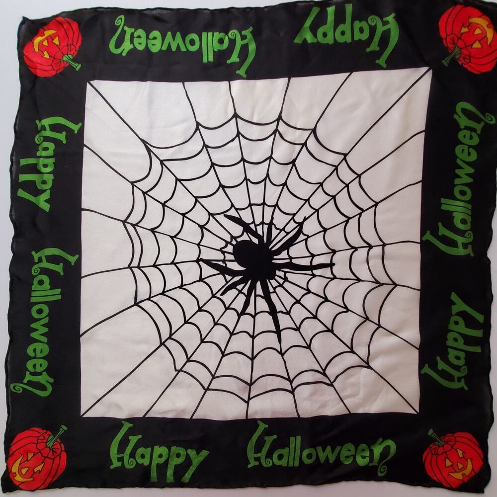 Symphony Designs 100% Silk Scarf Halloween Spider Web Pumpkin Vintage Square 21"